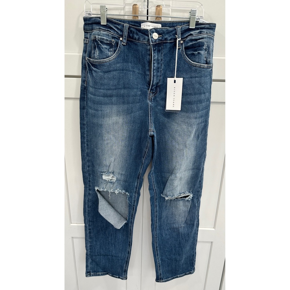 Risen Jeans Hannah High Waist Relaxed Straight Leg Distressed Dark Wash 13/31